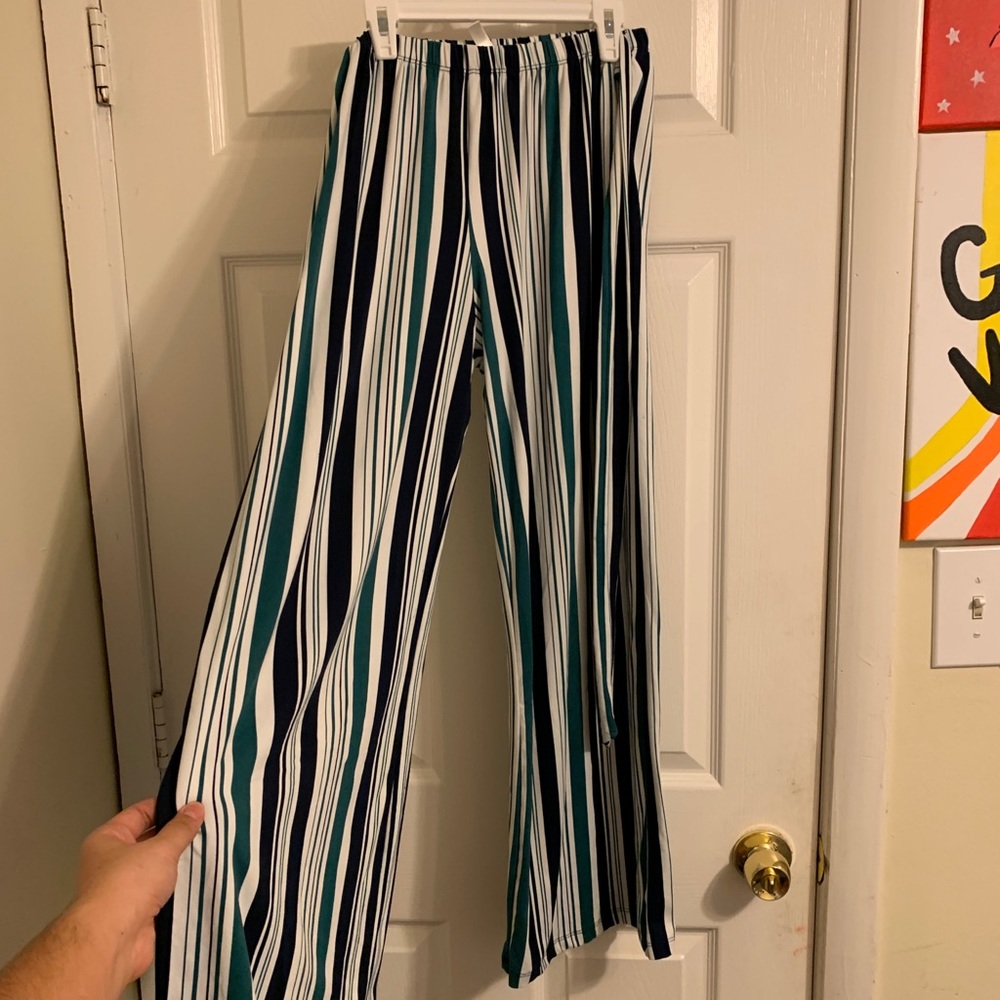 green blue and white flowy business casual pants